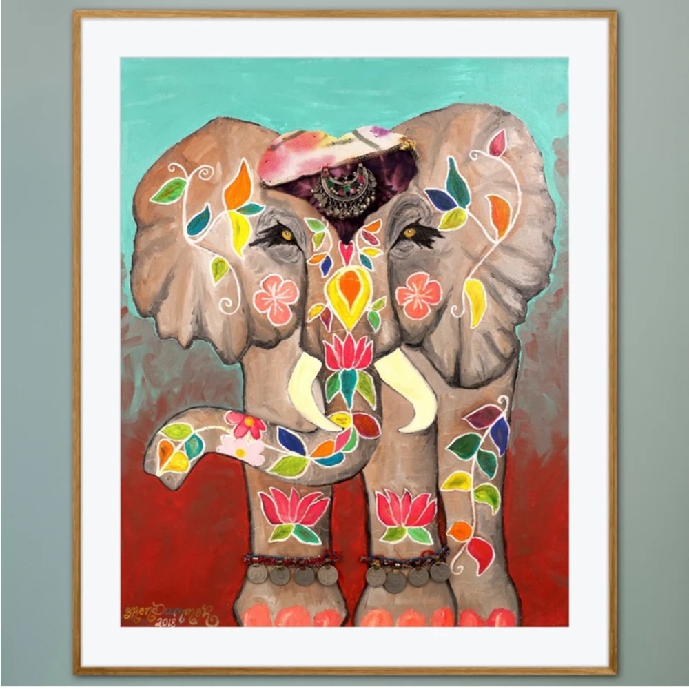 Boho Festival Elephant Art Print Oil Painting Gypsy Floral Whimsical Embellished